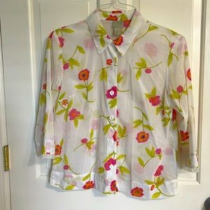 Sigrid Olsen top, yellow and pink floral on white, Size Extra Small